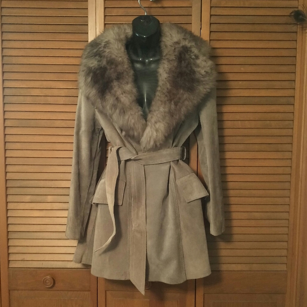 Vintage large lapel suede and fur belted jacket